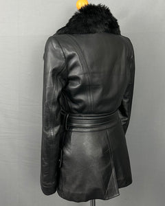 GUCCI LEATHER COAT / BLACK JACKET - Fur Collar - Women's Size IT 42 - UK 10