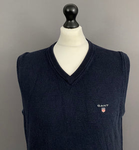 GANT NAVY BLUE SLEEVELESS JUMPER - 100% Cotton - Mens Size L Large